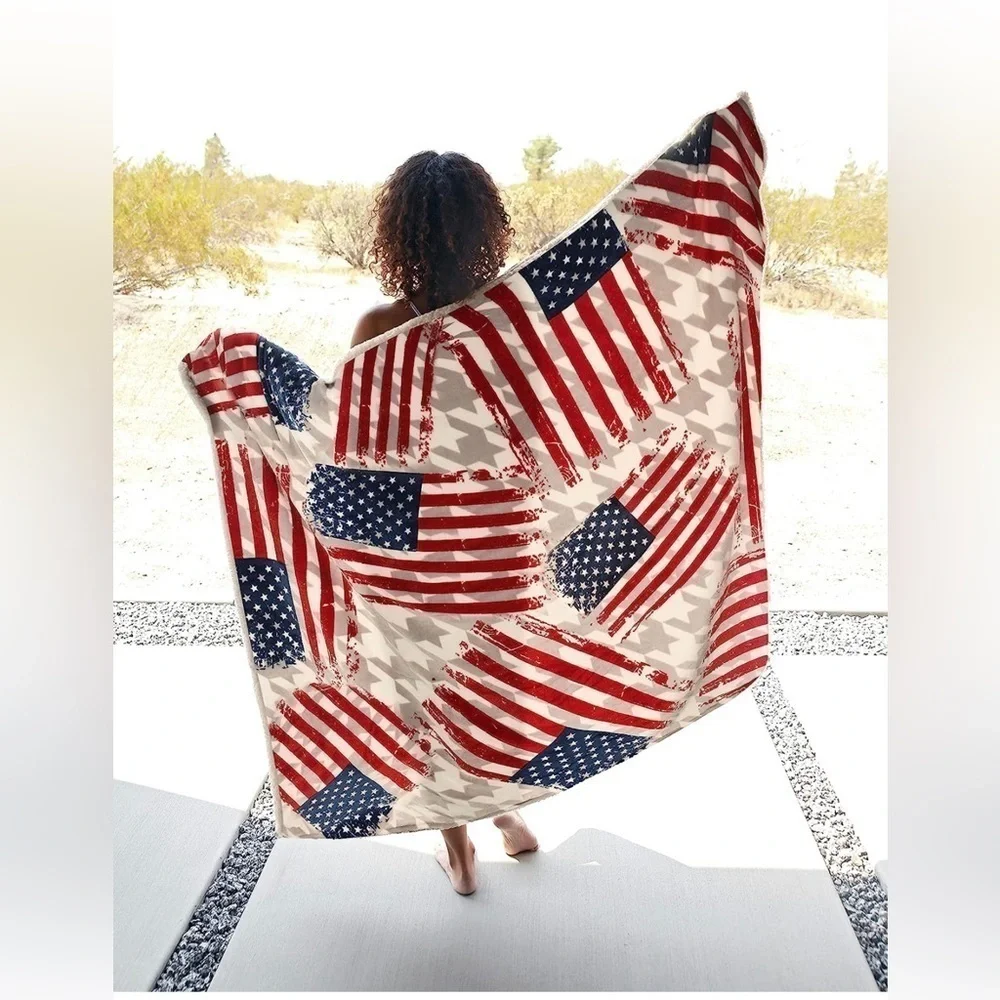New Patriotic American Flag Blanket Sherpa Fleece Reversible Blanket 50X70 in